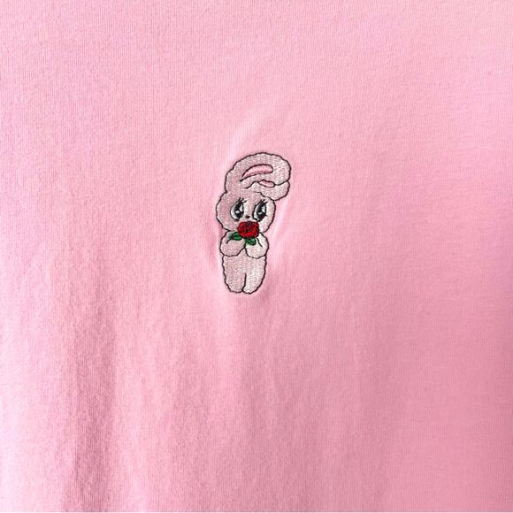 Lazy Oaf Pink T Shirt Bunny Embroidered Esther Bunny with Rose - Picture 3 of 8